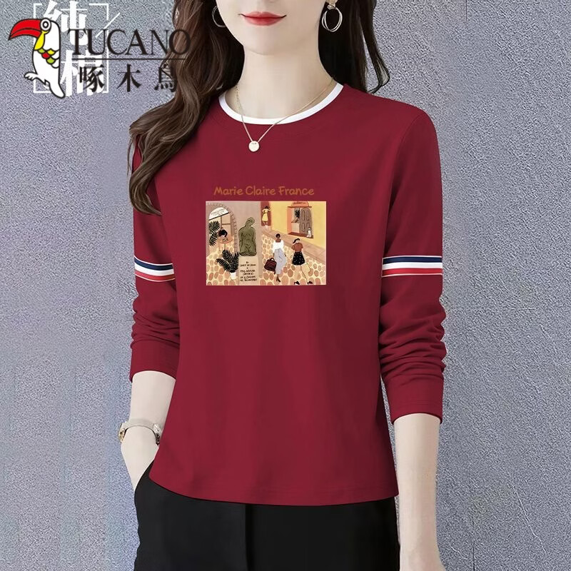 啄木鸟（TUCANO）新款印花长袖T恤舒适显瘦假两件圆领打底衫春秋新款慵懒风通勤女 纯白 L 建议100-110斤