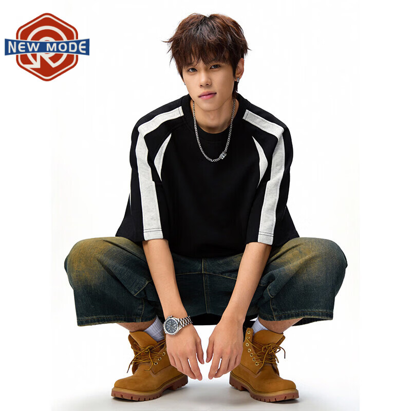 NEW OR MODE美式复古拼接撞色圆领t恤男夏季新款宽松透气短袖大码休闲五分袖 黑色【高品质】 M 【建议90-110斤】