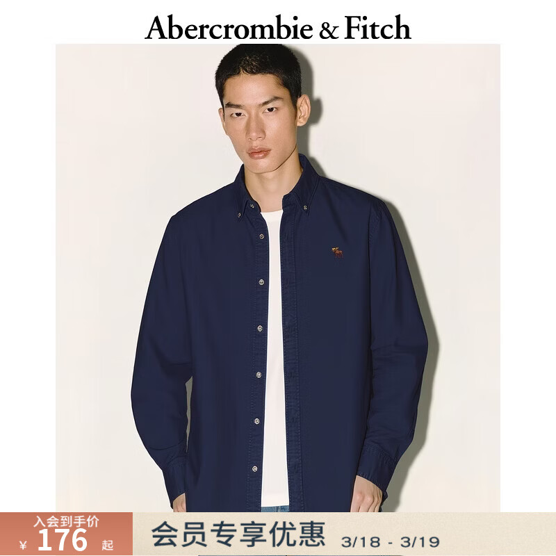 Abercrombie &amp; Fitch【李现同款】小麋鹿图案美式牛津长袖衬衫25秋冬男装125-5224 海军蓝 M (180/100A)