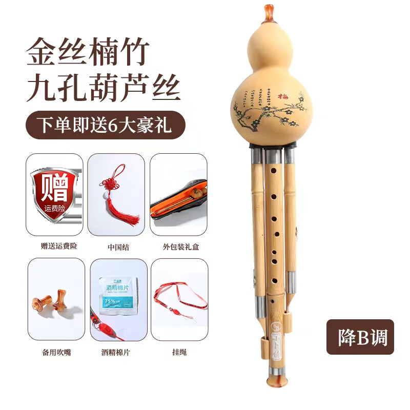 潤(rùn)華年高檔民族葫蘆絲樂(lè)器初學(xué)者專業(yè)金絲楠竹九孔八孔七孔成人小B調(diào)C調(diào) 楠竹九孔降B調(diào)無(wú)教材