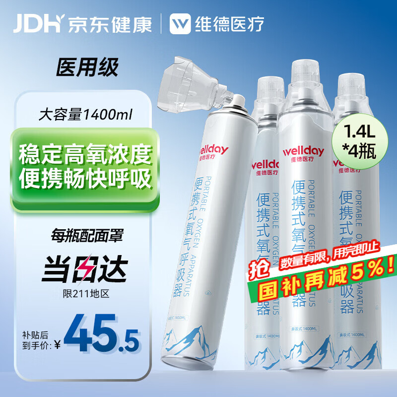 维德（WELLDAY）氧气瓶便携式供氧器孕妇老人吸氧机高原应急旅游氧气罐1400ml*4