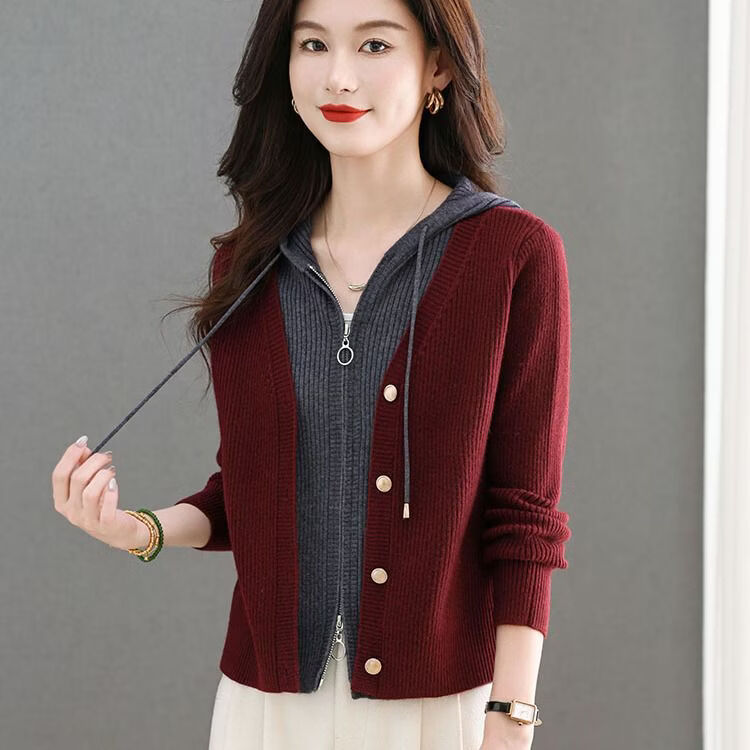 假两件上衣女洋气短款毛衣外套春季2026新款小个子连帽针织开衫 红色 M 90-110斤