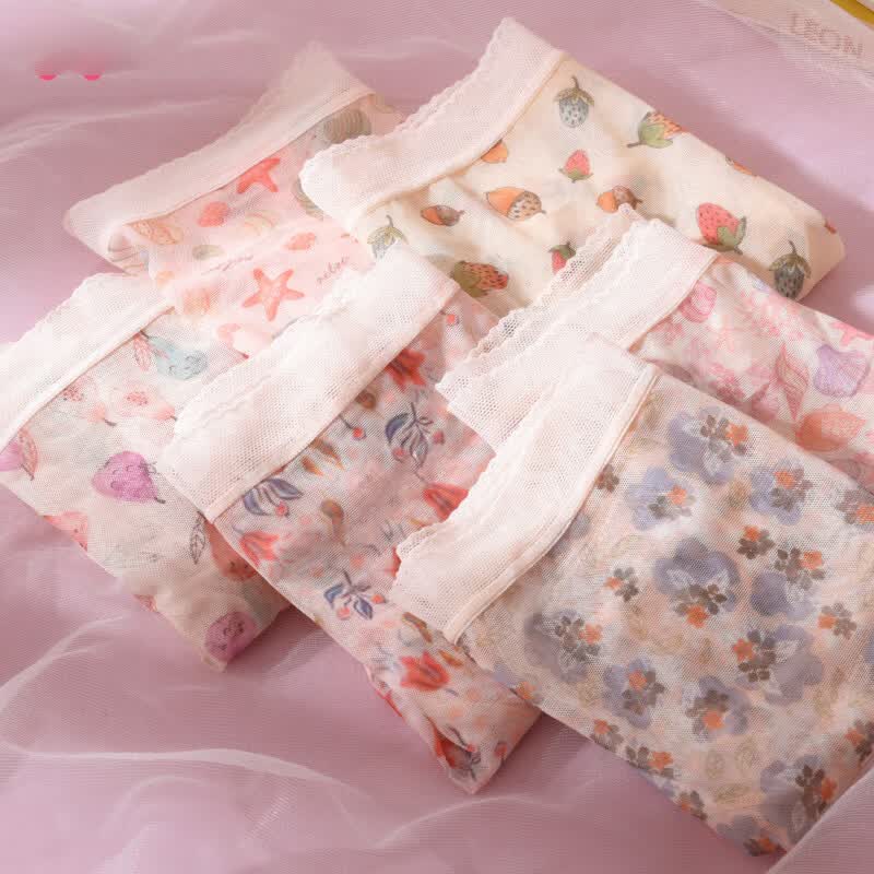 阪织屋（Bandgewoo）无痕内裤女士10A抗菌26新款舒适透气甜美印花网纱中腰三角裤 【桑蚕丝底裆3条装】柿子黄+枫叶橘+柳珊瑚 L 【推荐115-135斤】