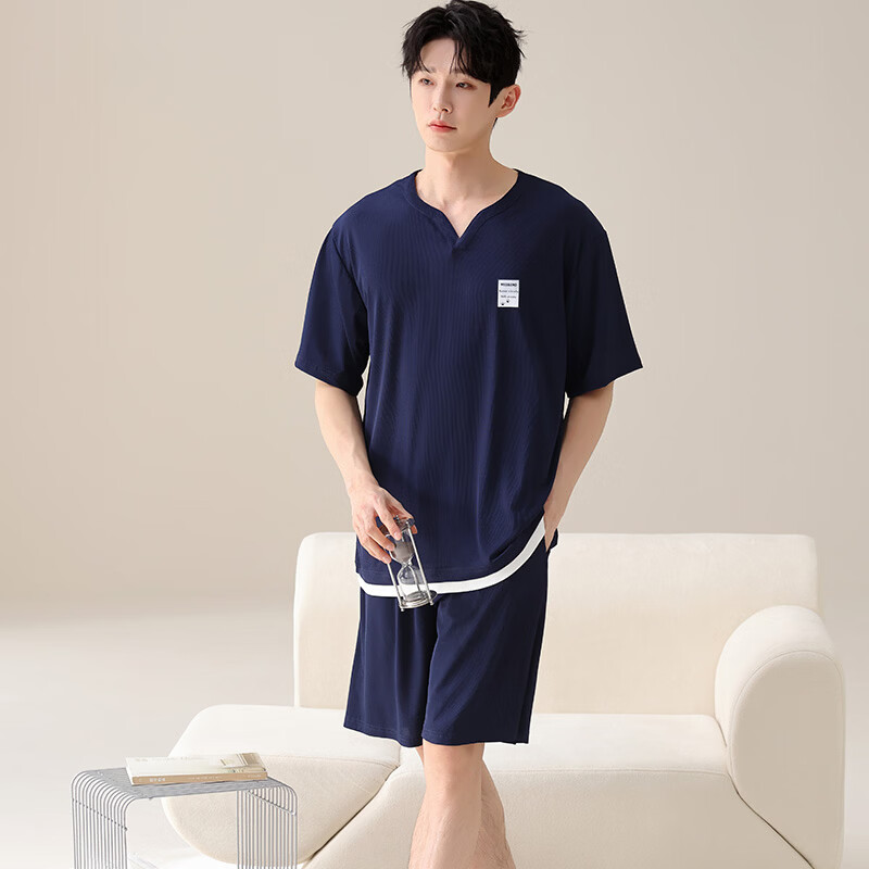 都市丽人男士睡衣夏季薄款冰丝短袖短裤凉感透气男生可外穿家居服套装 凉感男士短袖短裤-藏青色 L （建议105-135斤）