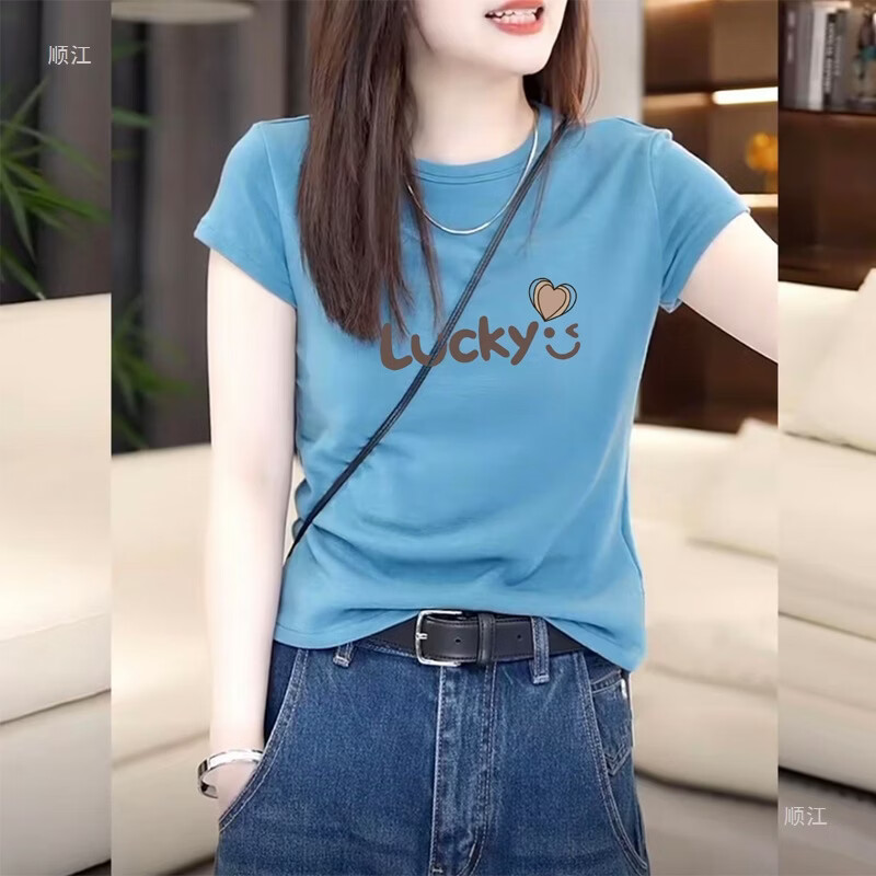 海蓝色显白短袖恤女夏季新款修身显瘦圆领套头时尚洋气上衣JL 蓝色【Lucky】 M 建议100斤以内