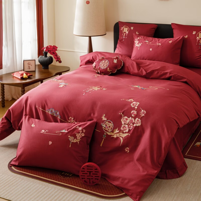 ROLAND LIVE春夏红色长绒棉婚庆四件套刺绣大红结婚喜庆被套床单新婚全棉床品 SY 长绒棉婚庆四件套-花都之喜 1.5-1.8米床 |【被套200*230cm】