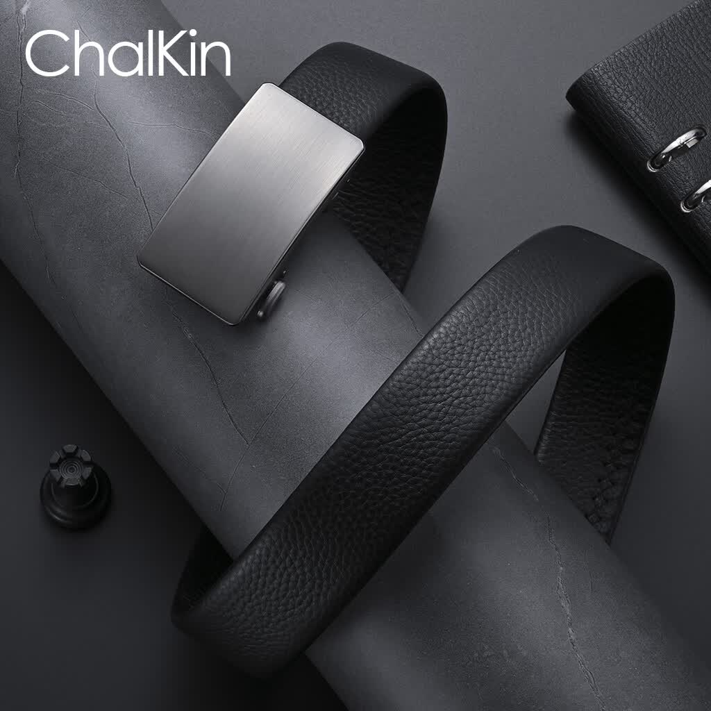 CHALKIN皮带男真皮自动扣内穿式腰带头层牛皮商务内扣不露尾裤带生日礼物 NC38-N拉丝银扣/黑色 120cm 默认长度