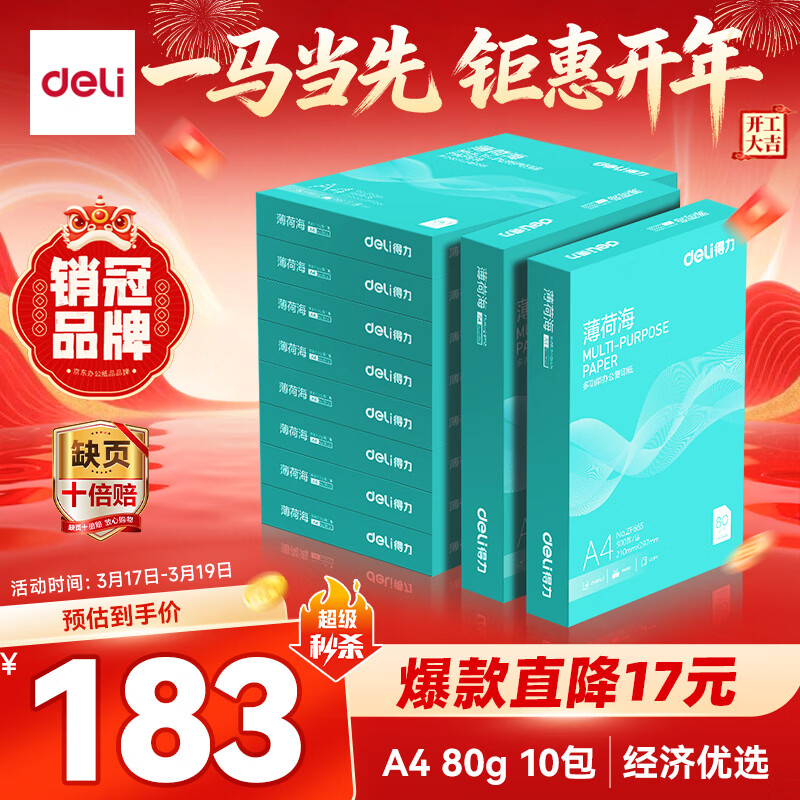 得力（deli）薄荷海A4打印纸 80g500张*10包一箱 加厚双面复印纸 高性价比草稿纸 整箱5000张ZF669【集采推荐】