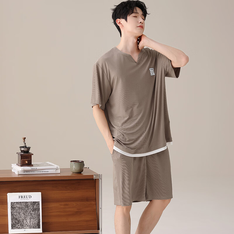 都市丽人男士睡衣夏季薄款冰丝短袖短裤凉感透气男生可外穿家居服套装 凉感男士短袖短裤-藏青色 L （建议105-135斤）