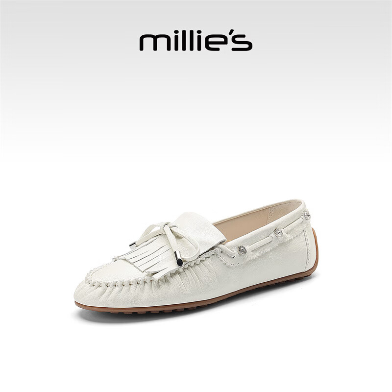 妙丽（Millies）乐福鞋女平底复古时尚2026春季新款百搭舒适通勤小皮鞋 米白色 35 (225mm)