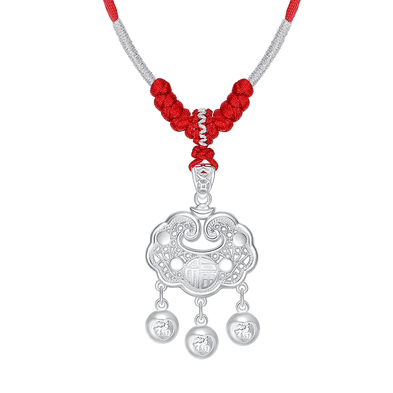 周大生足银如意福铃宝宝吊坠长命锁带编绳宝宝婴儿满月周岁见面礼