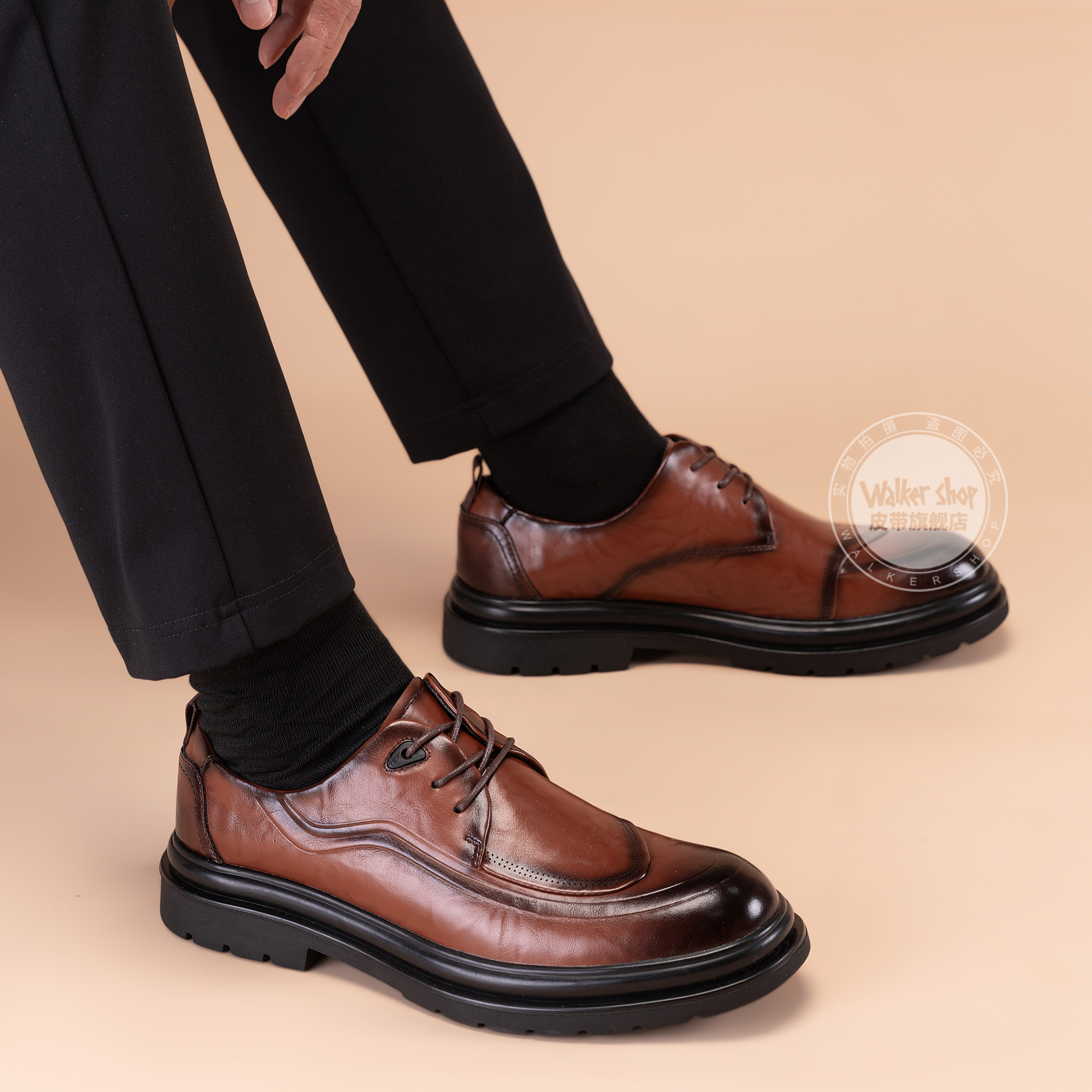 Walker Shop皮鞋男高端商务正装男士皮鞋2026新款休闲真皮透气软底内增高男鞋 黑色【内增高】 40