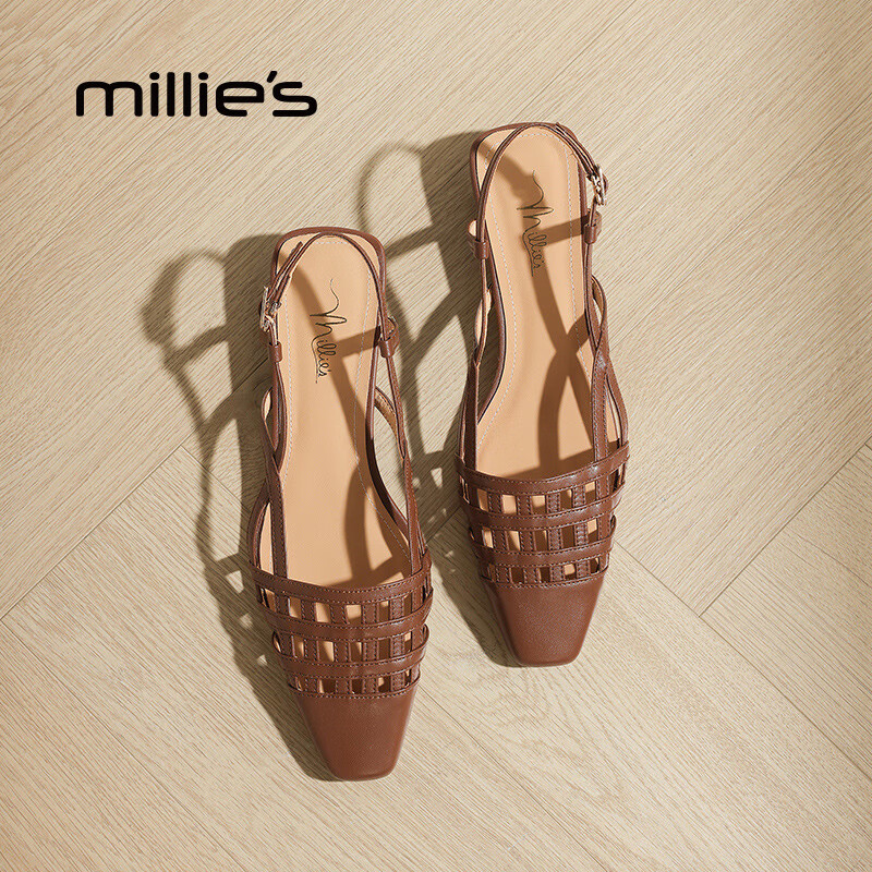 妙丽（Millies）凉鞋女低跟编织真皮时尚浅口搭扣2026春季新款百搭气质一字带凉鞋 棕色 35 (225mm) 标准码