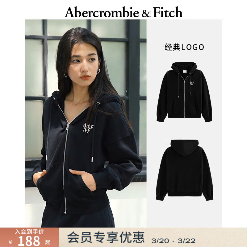 Abercrombie &amp; Fitch美式时尚百搭LOGO抓绒拉链连帽卫衣外套25秋冬女装152-5249 黑色 M (165/96A)