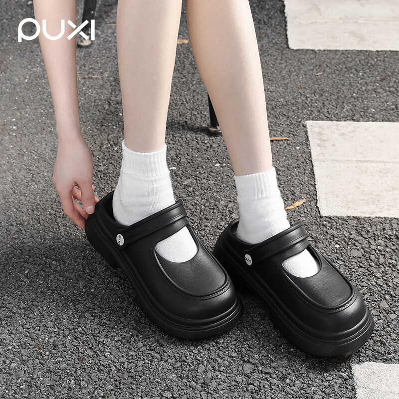 朴西 朴西洞洞鞋女款夏季外穿防滑增高沙滩户外ins玛丽珍包头凉拖鞋女 黑色 【玛丽珍洞洞鞋】 36 【推荐买大一码】