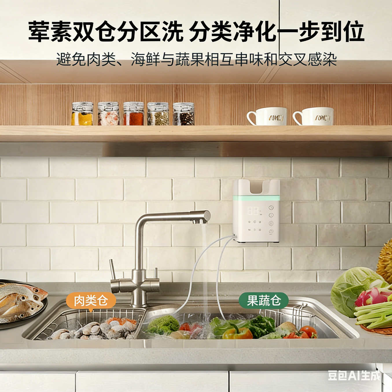 三釜创品果蔬清洗机净化机食材净化机水果蔬菜肉类谷物多功能清洗器杀菌去农残洗菜机清洗器 【旗舰双头升级款】纯钛电解片|台式挂壁两用