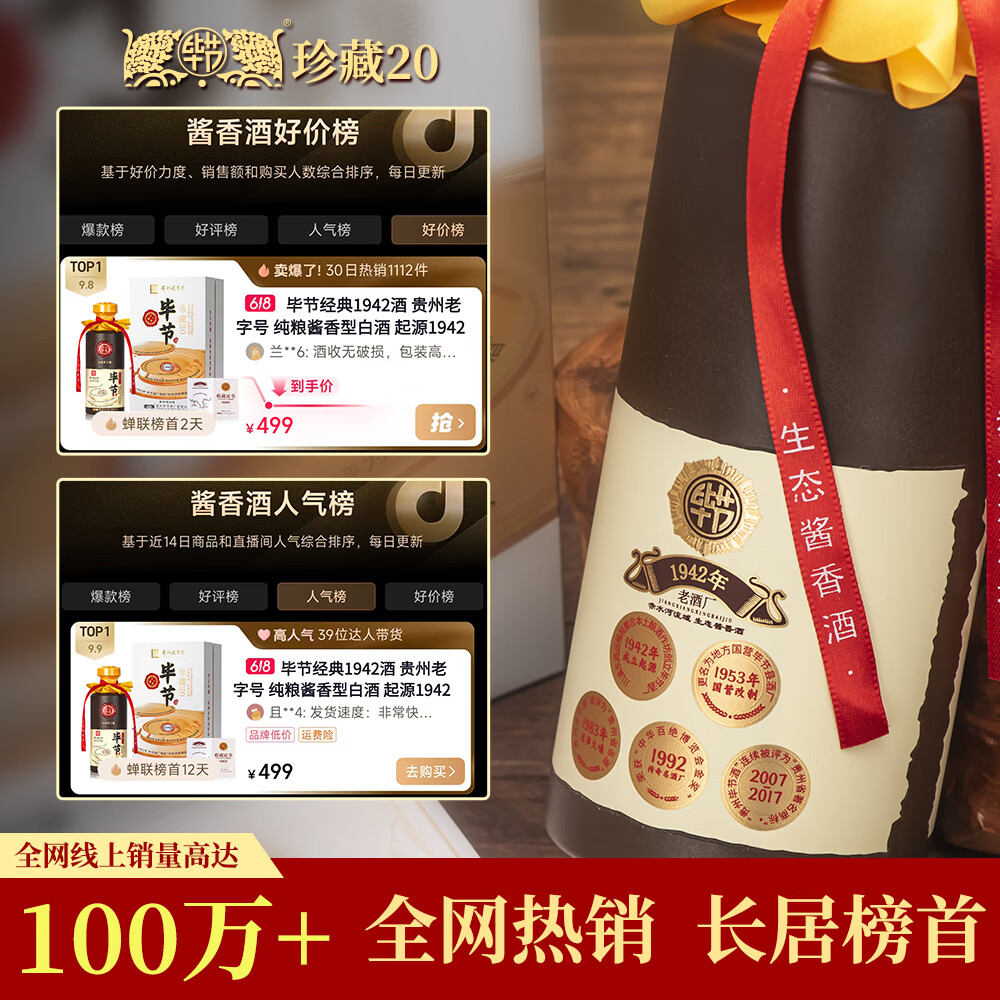 毕节珍藏20 贵州老字号 纯粮酱香型白酒 起源1942年酒厂 53%vol 500mL 1瓶 满2瓶赠礼袋