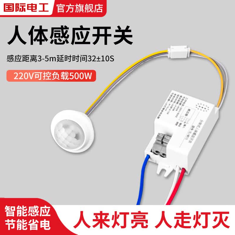国际电工分体式人体感应开关红外智能感光探头楼道led灯二线延时开关模块 500W分体式人体感应（带消防）