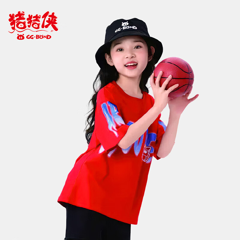 猪猪侠（GG·BOND）童装26夏季新款儿童短袖t恤男女童纯棉中大童半袖上衣炸街帅气潮t 中国红 140