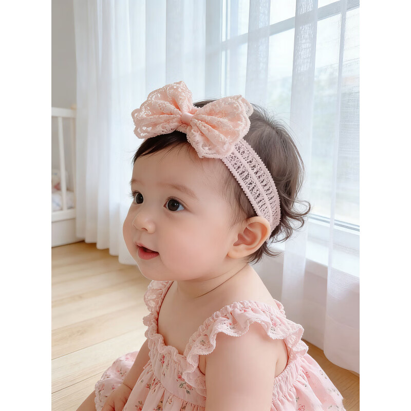 轩玖婴儿蝴蝶结发带可爱蕾丝女宝宝拍照头饰婴幼儿百天周岁 粉色(头围38-46CM)