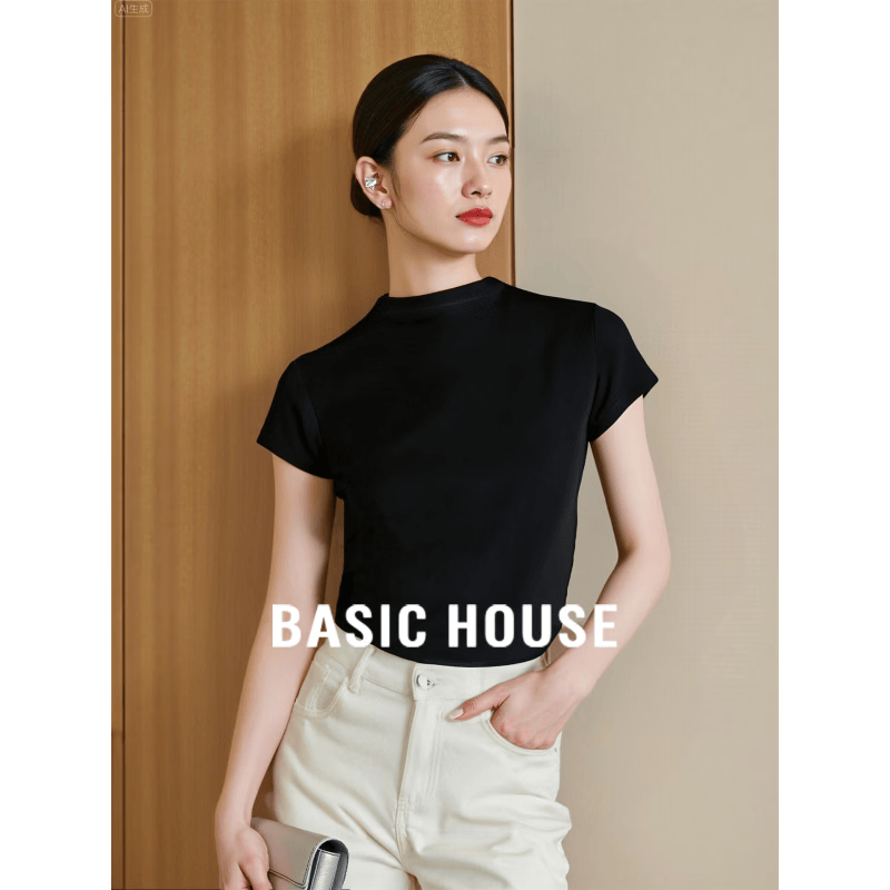 百家好（Basic House）百家好修身正肩半高领短袖天丝含羊毛T恤女2026夏季 星空黑 XL