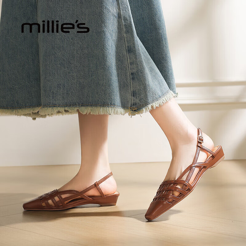 妙丽（Millies）凉鞋女低跟编织真皮时尚浅口搭扣2026春季新款百搭气质一字带凉鞋 棕色 35 (225mm) 标准码