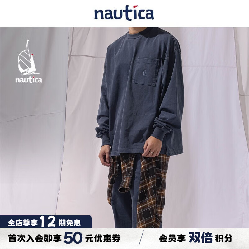nautica white sail 白帆×CityBoy纯棉日系宽松中性长袖T恤JPKW2310 藏青4NV（223） S