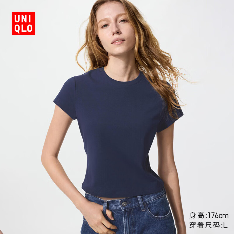 优衣库女装圆领短T恤/短袖26春夏新款483455 69 藏青色 M /160/84A