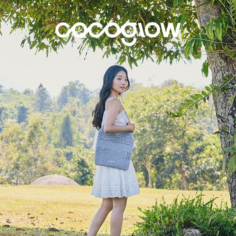 COCOGLOW新款手工钩针毛线编织包通勤包包单肩托特包38女神节礼物520 银灰色