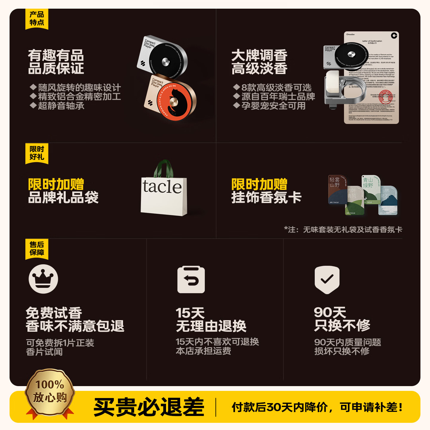 TACLE它可唱片机车载香薰出风口新汽车装饰车内摆件香水扩香器香薰礼物 柔金*1套装 (含3个替换香薰)