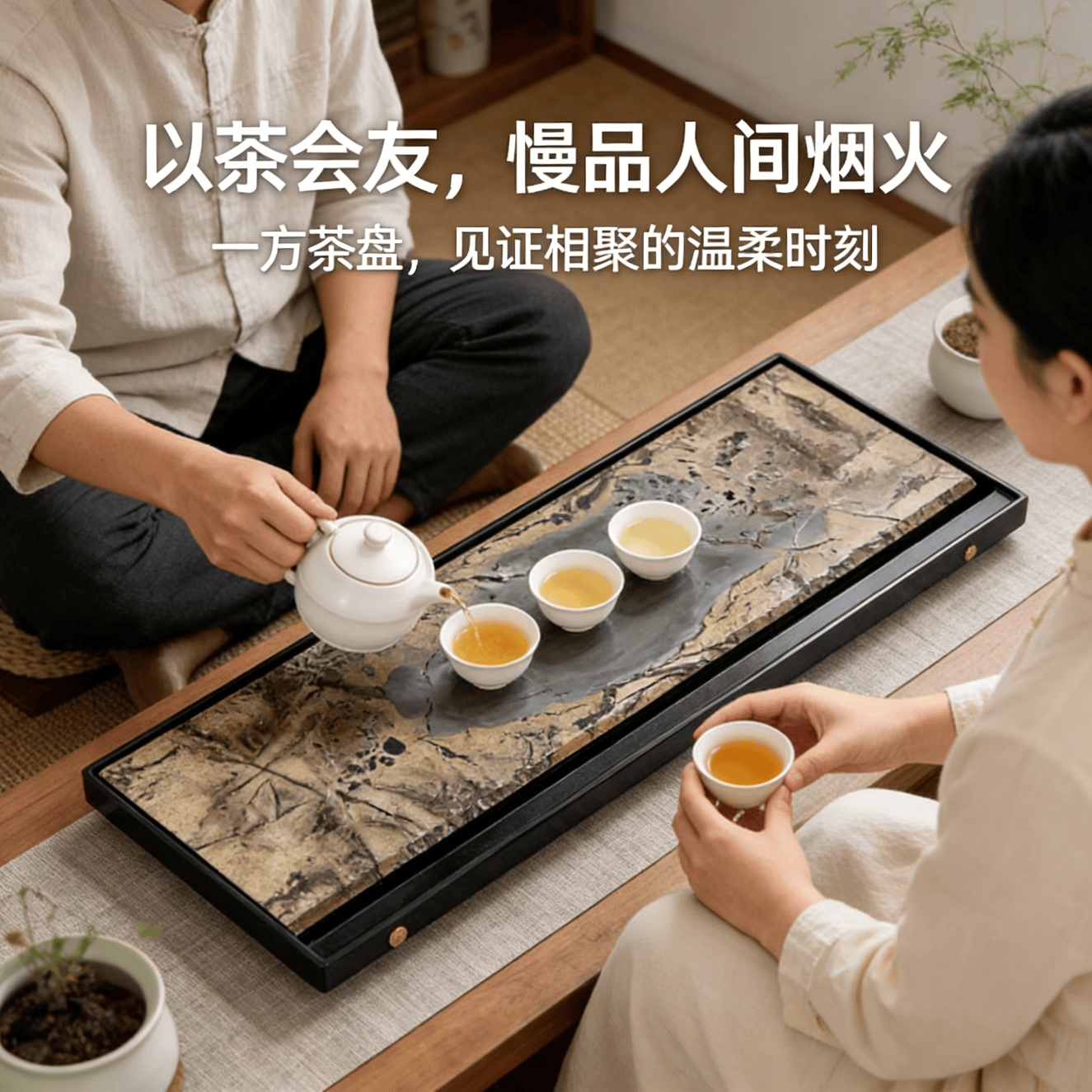 墨染山河一方石盘藏尽山水天然国画石茶席之雅器家用送礼 墨染山河茶盘-送礼必备 100*40*3cm-墨染山河