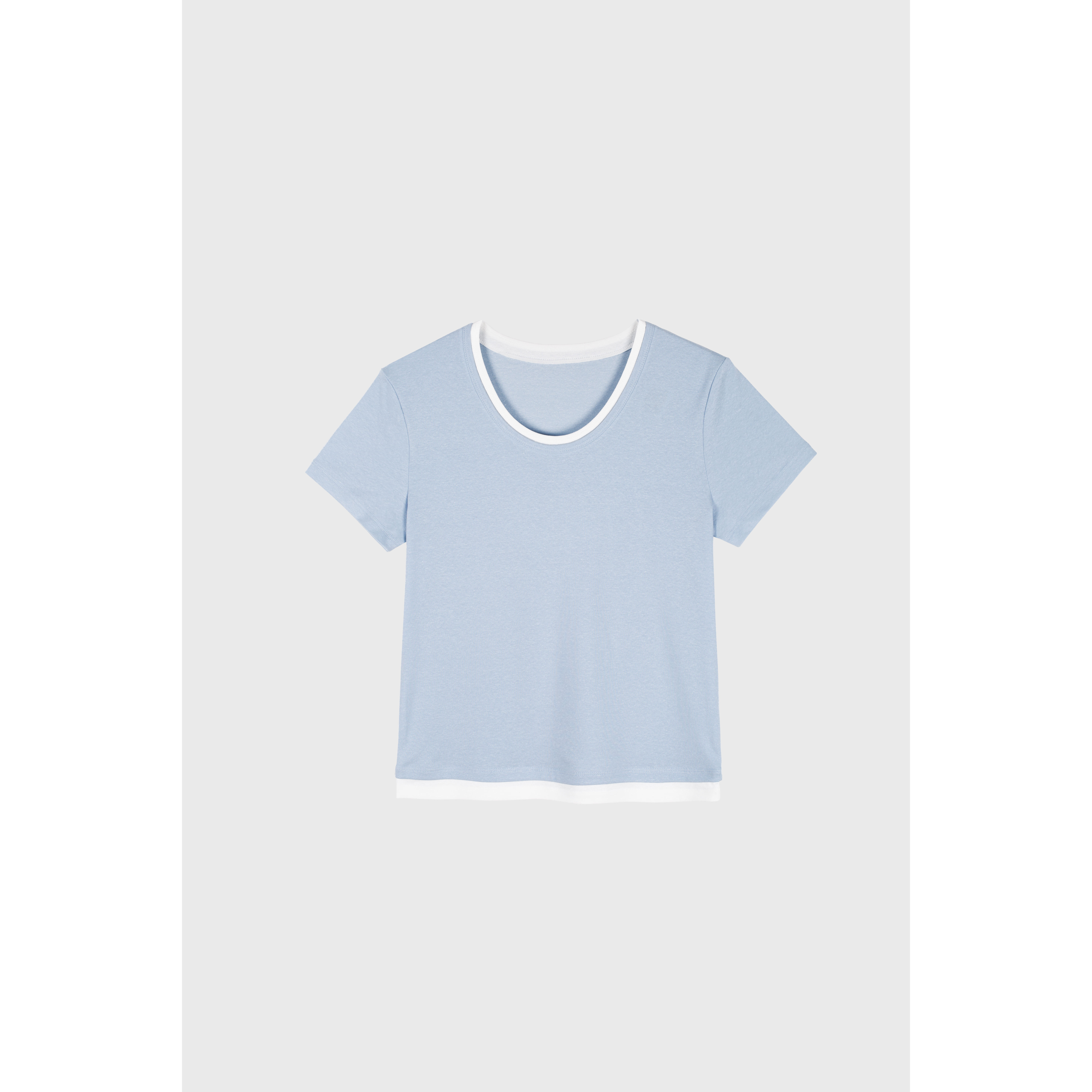 【鹦鹉梨专属】莱赛尔亚麻假两件短袖T 蓝拼白 M