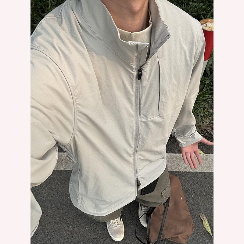 DEREJERINE灰色立领短款外套男款春季户外炸街软壳冲锋衣感美式速干夹克 灰色 L 115-130斤