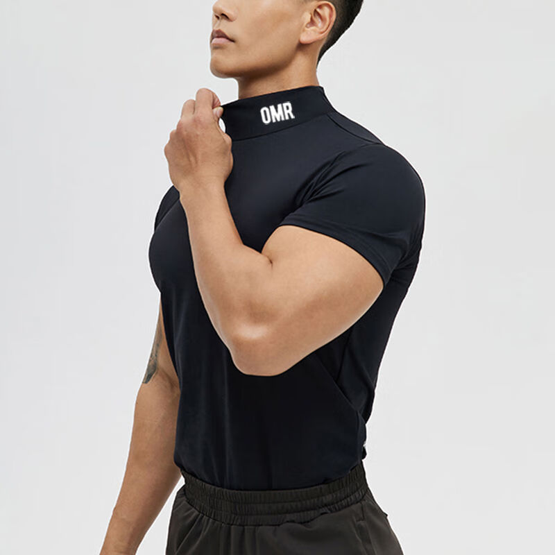 cozok潮牌小高领涤纶健身衣服男士速干弹力紧身上衣运动短袖训练t恤夏