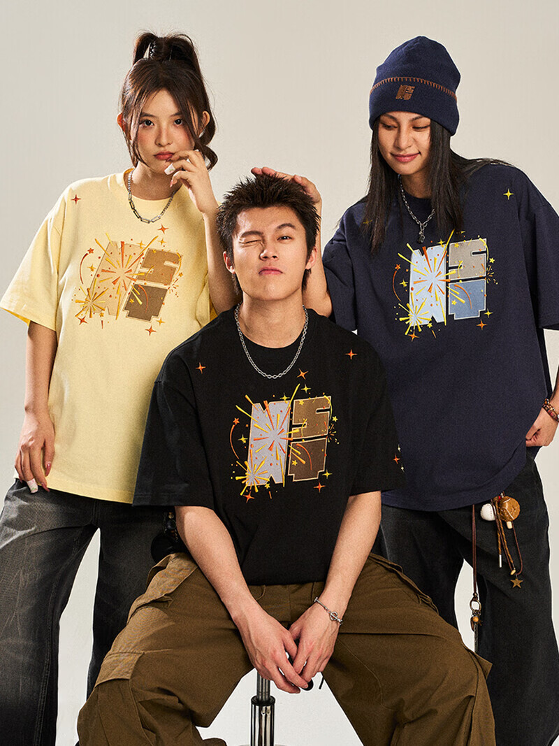 NSTNEW  START发芽计划“烟花”刺绣贴布夏季复古情侣宽松百搭短袖T恤男女同款 白色 【现货】 XL （三标齐全）