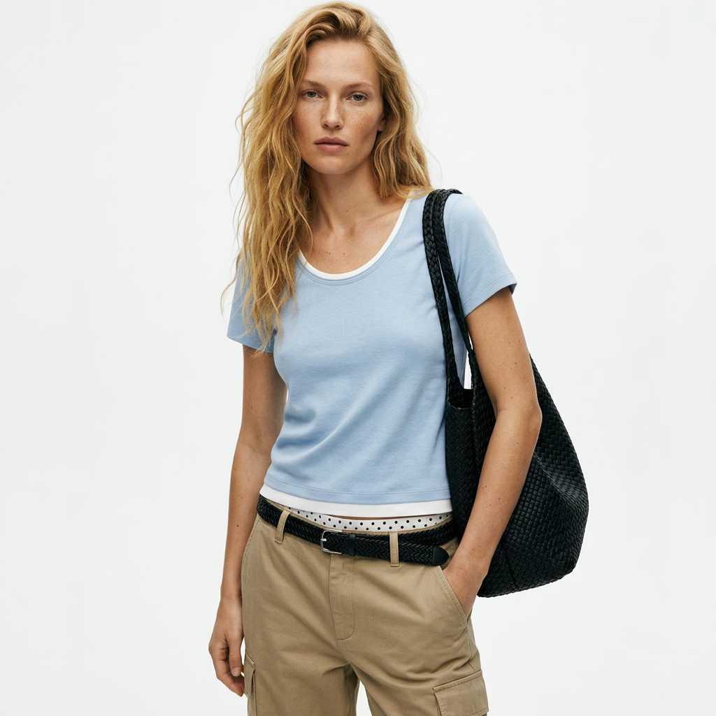 【鹦鹉梨专属】莱赛尔亚麻假两件短袖T 蓝拼白 M