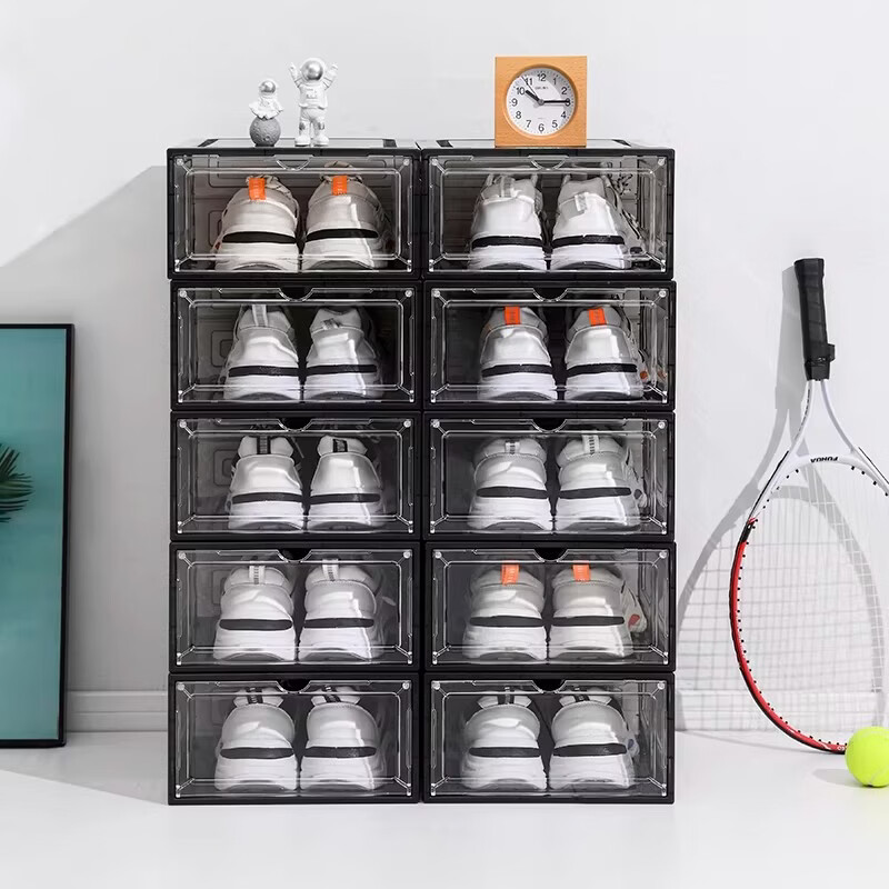 鞋盒鞋子收纳盒透明收纳鞋盒加厚磁吸省空间简易硬塑料宿舍 正开门高款磁吸46码高帮鞋透明黑六个装