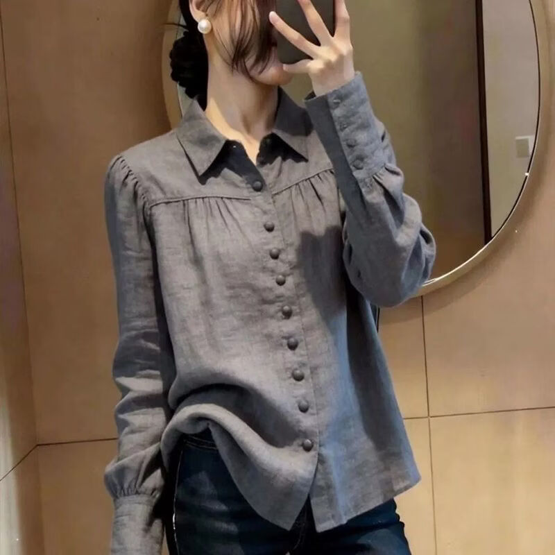 韩系法式设计感灰色长袖衬衫女通勤小众气质上衣2026春季新款百搭 灰色 XL 建议【110-120斤】