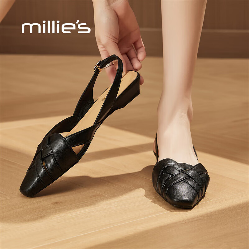 妙丽（Millies）凉鞋女包头低跟编织复古后绑带休闲百搭2025夏季新款 黑色 38 (240mm) 标准码