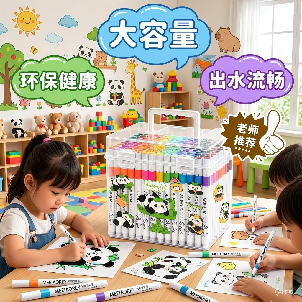 MEEIAOREY丙烯马克笔小学生专用美术大容量不透色可叠色儿童彩笔24色幼儿园水彩笔36色画画绘画可水洗彩色笔 【全套36色】加墨100%-速干可叠色送贴纸 【粗杆】可叠色可水洗