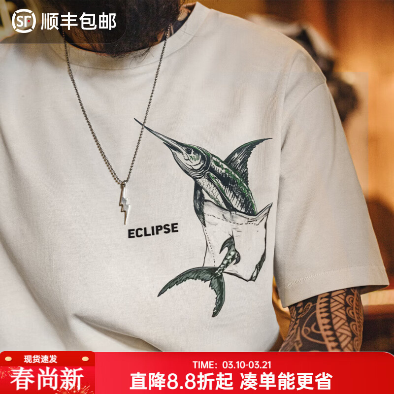 马登工装错视风白色印花T恤男美式重磅纯棉宽松短袖衣服男装夏季 汝窑白 【今日下单顺丰包邮】 L