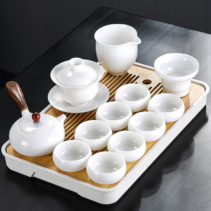 溥畔羊脂玉白瓷功夫茶具套装2026新款白玉盖碗茶杯泡茶具 香雪侧把壶15头+品圣268