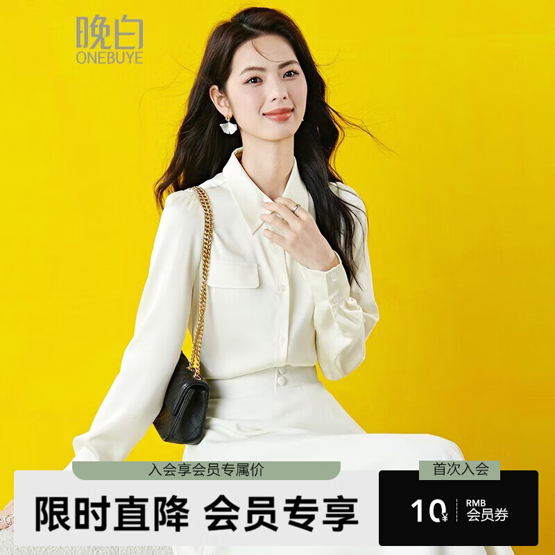 晚白2026年春高级感翻领正式场合面试公考衬衣缎面垂顺正装通勤衬衫女 米杏色 M