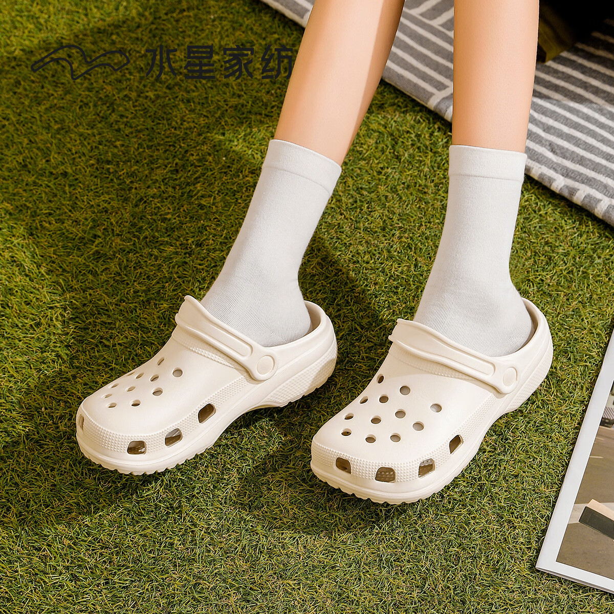 水星家纺洞洞鞋女士夏季新款外穿DIY包头凉鞋厚底休闲运动沙滩情侣拖鞋男 深黑色+小雏菊 36-37 【适合35-36码脚】