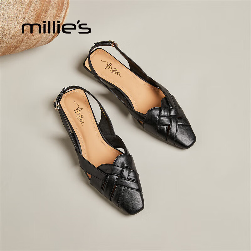 妙丽（Millies）凉鞋女包头低跟编织复古后绑带休闲百搭2025夏季新款 黑色 38 (240mm) 标准码