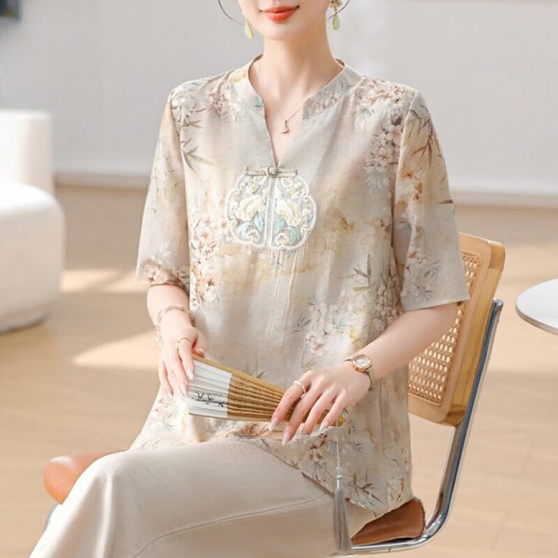 新中式妈妈夏装薄款衬衫新款洋气中老年人女夏季棉麻短袖t恤套装 杏色 XL  （建议105斤以下） 京东折扣/优惠券