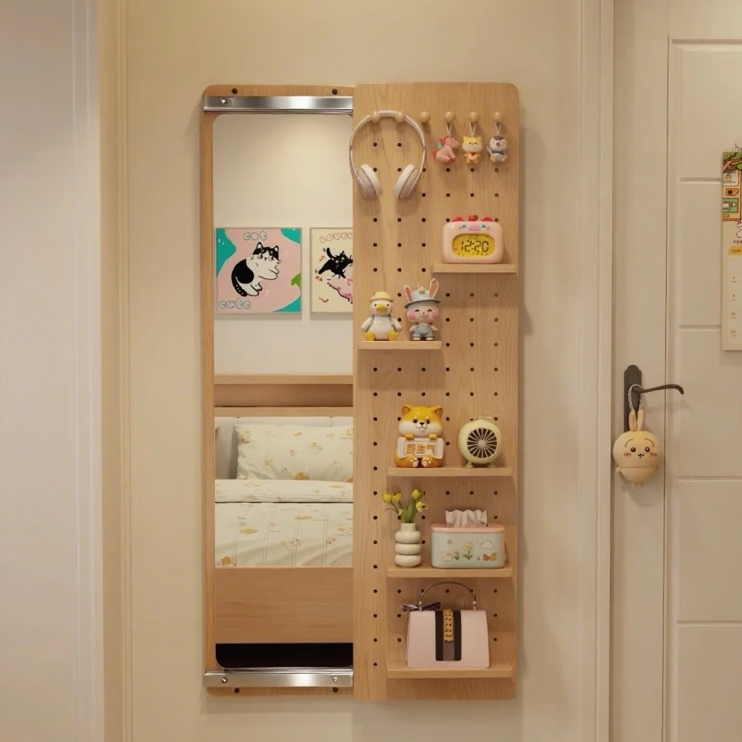 溥畔隐藏式洞洞板穿衣镜推拉全身镜子家用衣帽架一体壁挂墙玄关试衣镜 [上门包安装]宽50X高150cm 原木色 （左右