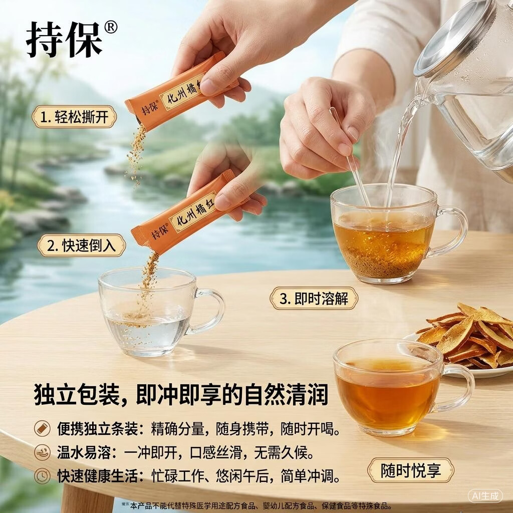 持保化州橘红固体饮料 8g*16条/盒 化桔红 橘红茶 正宗化州橘红冲剂 128g*5盒