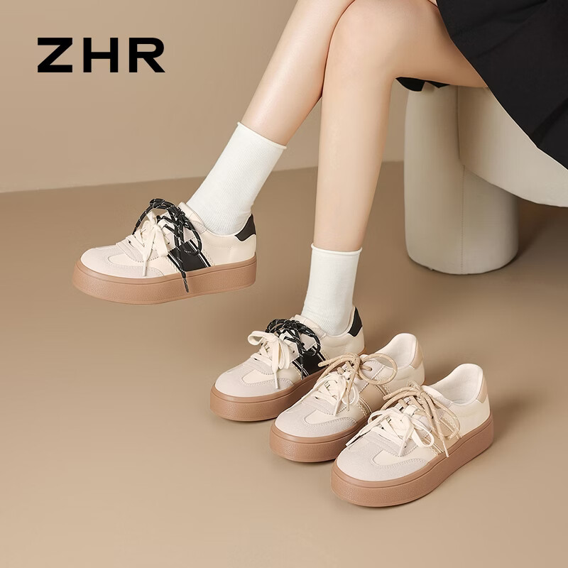 ZHR则则厚底德训鞋女2026春季新款复古运动鞋女时尚百搭板鞋女 米杏 37