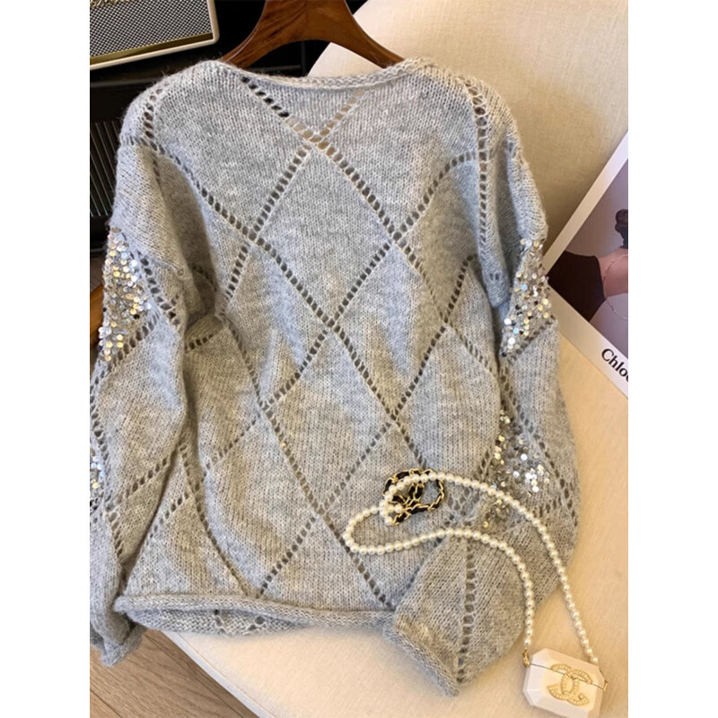 MODX欧货时尚气质百搭针织衫女春感菱形格亮片镂空轻奢宽松毛衣潮 灰色 掌柜 S